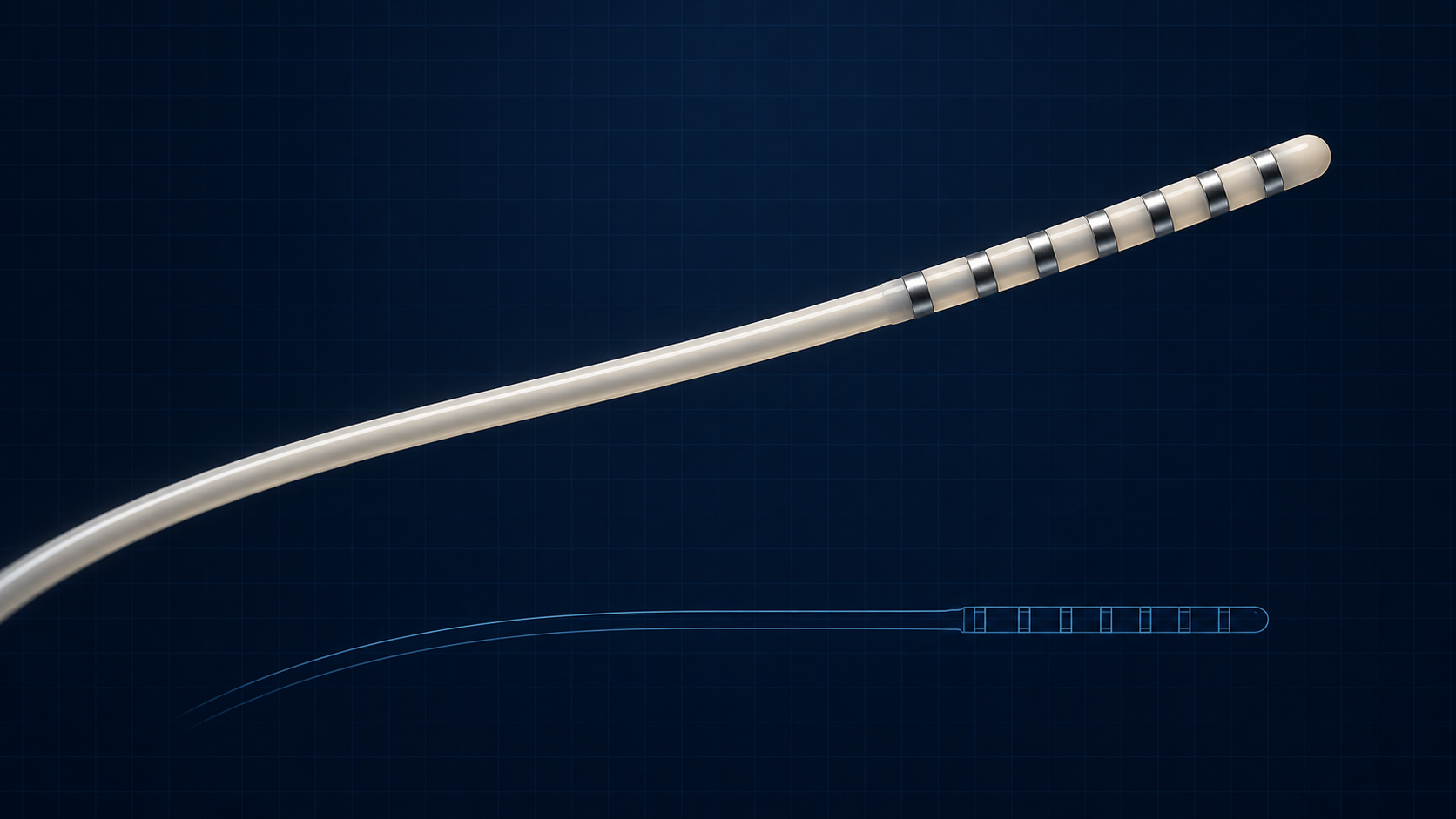 Concept illustration of a slender lead with metallic ring electrodes and a rounded tip, with a simplified exterior outline below