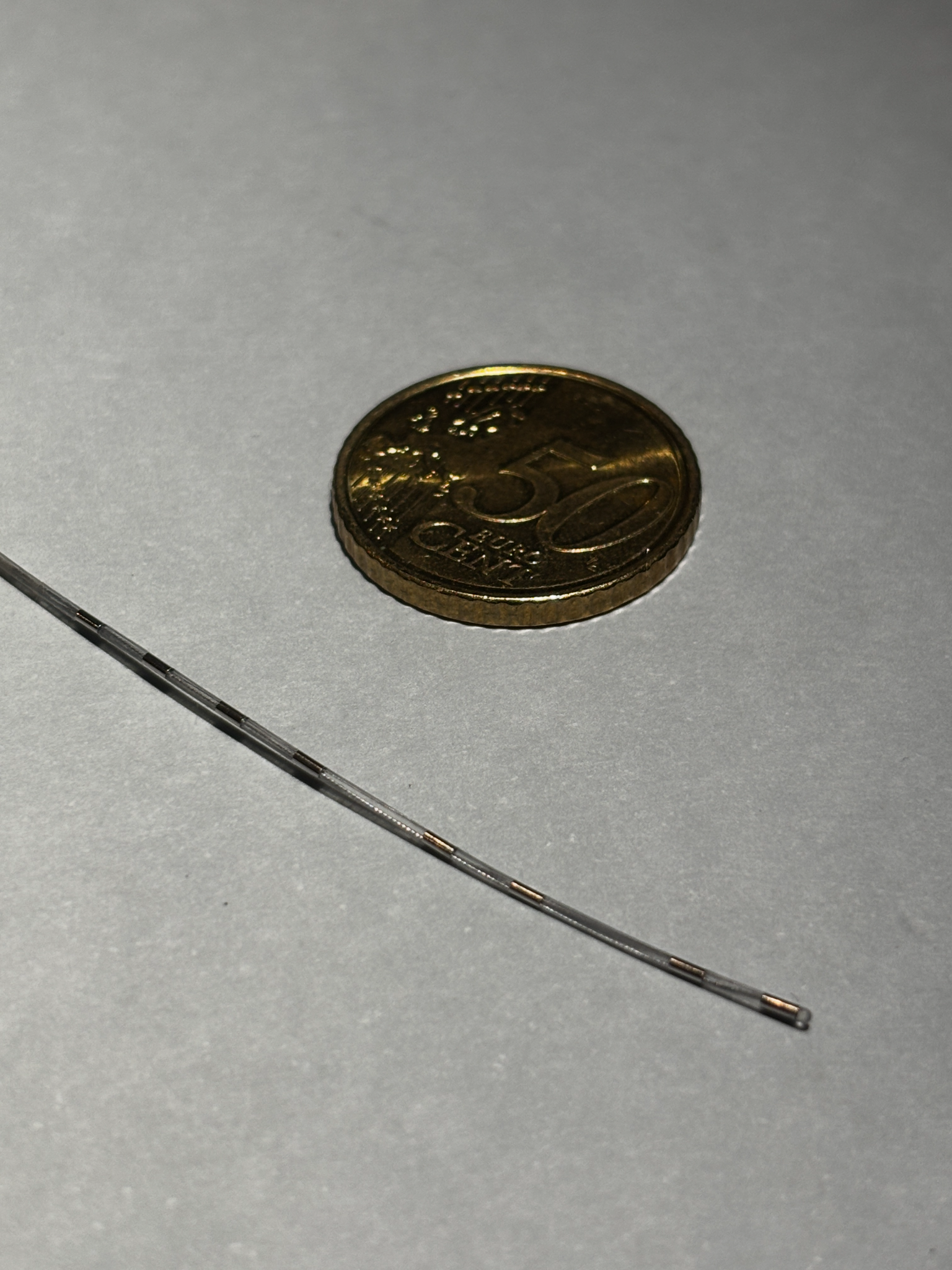 FuturaLead electrode beside a 50 euro cent coin for relative scale